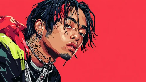 Vector portrait shows side-facing figure on uniform red field