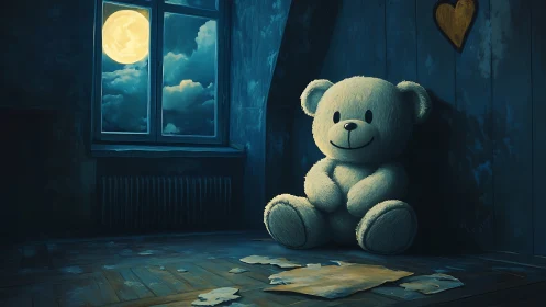 Moonlit plush bear in abandoned attic corner with textured wood