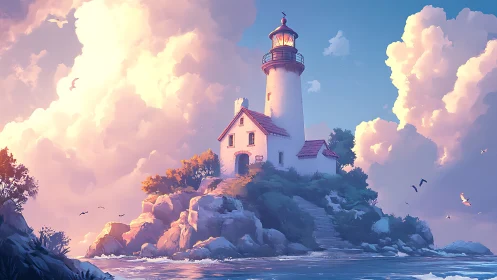 Lighthouse on rocky island with cottage under dramatic clouds