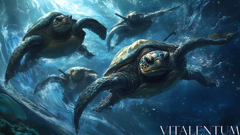 Dynamic digital painting of sea turtles in turbulent currents.