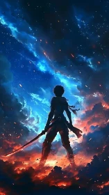 Silhouetted swordsman stands in glowing clouds beneath cosmos