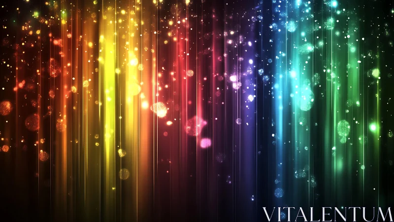 Vibrant rainbow light beams with glowing bokeh in abstract style.