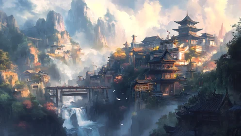 Terraced mountain citadel in atmospheric digital painting style.
