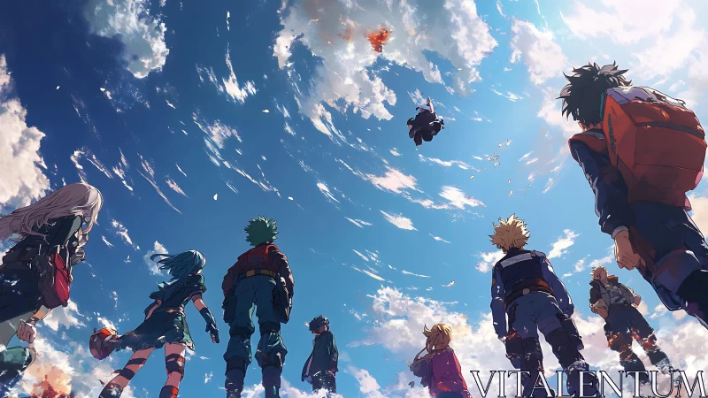 Wide angle anime skyward shot of teen heroes under dynamic clouds
