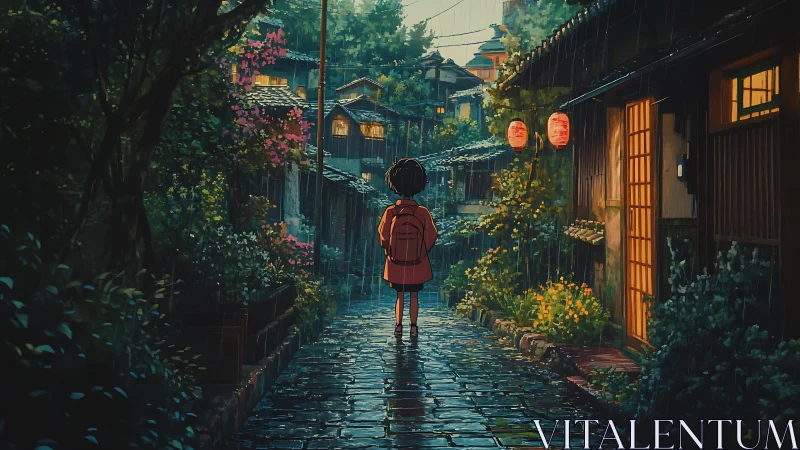 Solitary child in rain-soaked alley rendered in moody anime lighting