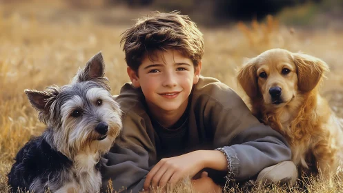 Boy with Two Dogs in Field.