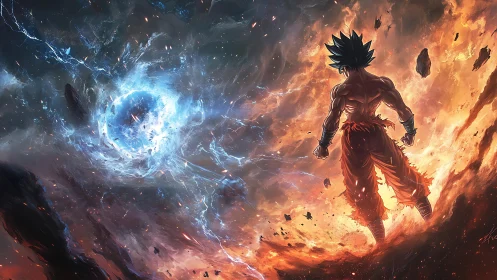 Saiyan warrior facing cosmic energy vortex in flames.