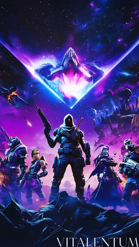 Neon sci fi strike team confronts colossal starship invasion.