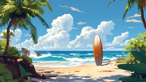 Tropical shoreline with upright surfboard and cumulus cloudscape