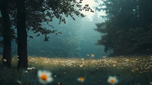 Meadow Convergence: Misty Forest Backdrop with Golden Wildflowers.