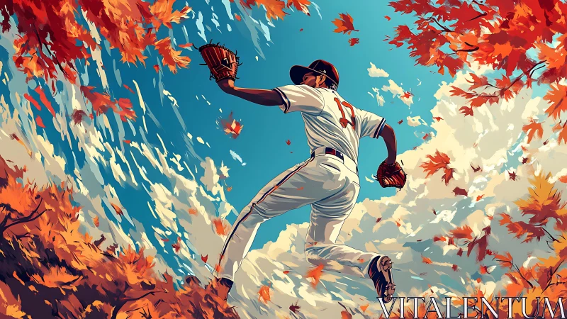 Autumn baseball pitcher leaping into a sky of swirling leaves.