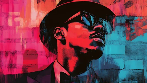 Neon portrait of cool man with hat against abstract wall.