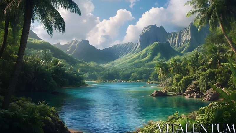 Tropical Valley Lake Landscape with Lush Mountain Peaks.