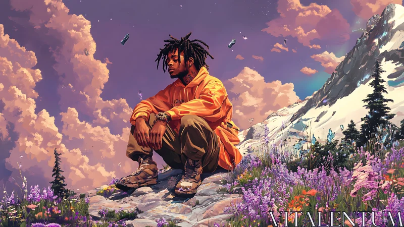 Man in orange jacket sits on rocky alpine slope among flowers