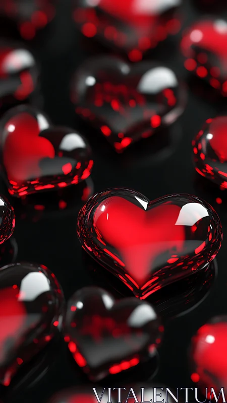 Crystalline Red Hearts Glow Against Dramatic Black Background