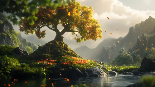 Solitary flowering tree stands on rocky island in bright valley