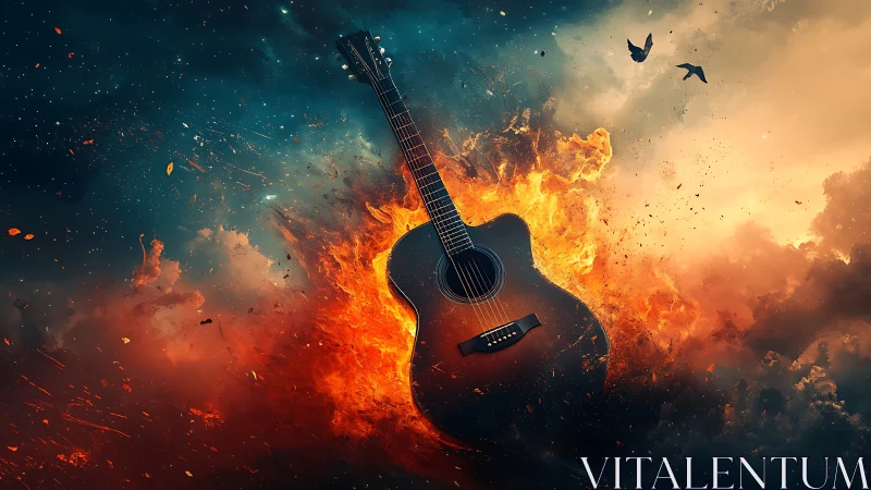 Flaming acoustic guitar suspended in cinematic storm sky.