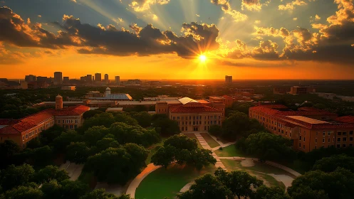 Golden hour campus skyline renders dramatic atmospheric depth