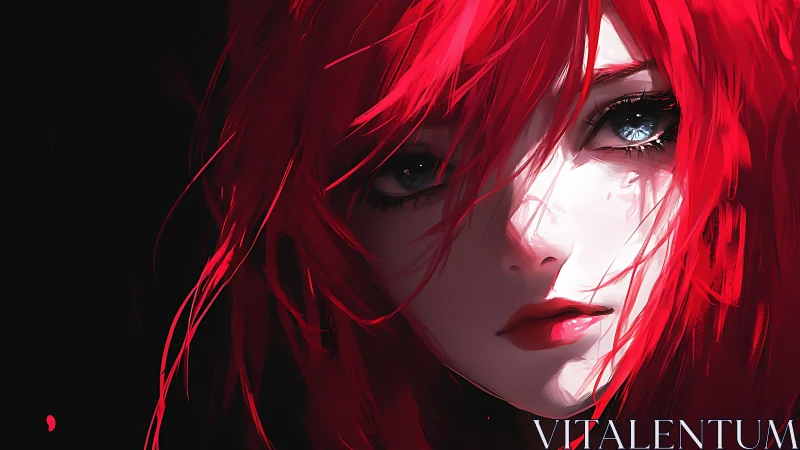 Close cropped portrait shows red haired character in shadow
