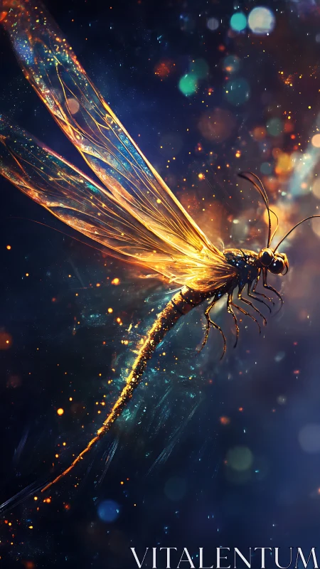Luminous dragonfly drifts through glittering cosmic night.