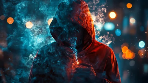 Cyberpunk hooded figure in neon bokeh haze, cinematic framing.