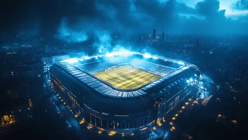 Floodlit football stadium dominates dense night cityscape