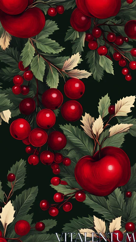 Red apples and berries with variegated foliage on dark ground