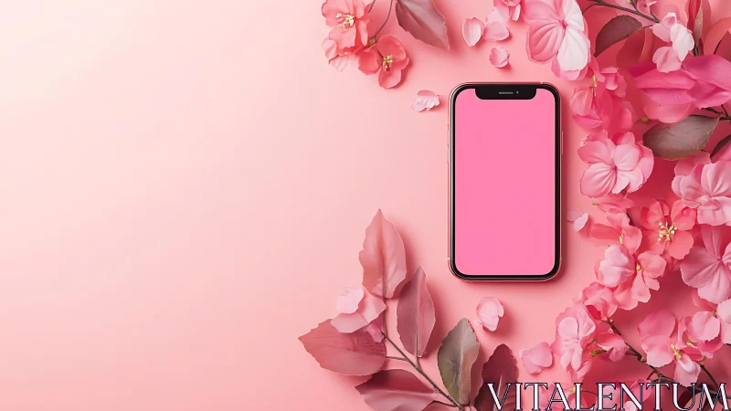 Smartphone mockup on pink floral background.