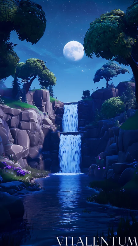 Moonlit twin waterfalls carve glowing canyon pool. Period.