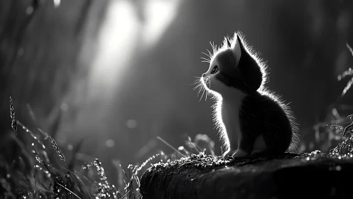Kitten in Backlit Field with Dew.