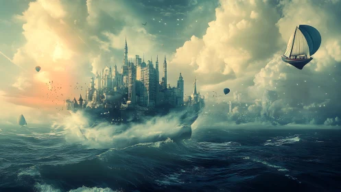 Floating city mass above rough sea with sailing vessels.