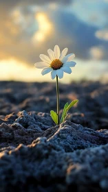Single daisy emerges from barren soil under warm dusk sky