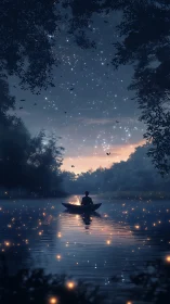 Digital painting of lone boat under star-filled twilight sky.