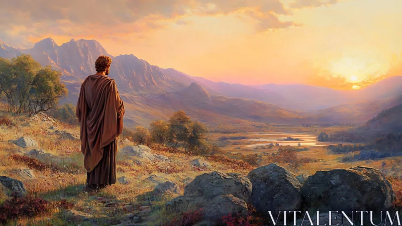 Solitary wanderer greeting a sunrise-washed valley horizon.