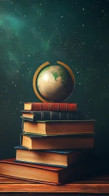 Stack of books with globe against starry green sky.