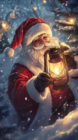 Santa walks through snowy pines holding a warm glowing lantern