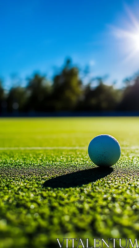 Sunlit golf ball rests calmly on bright green turf