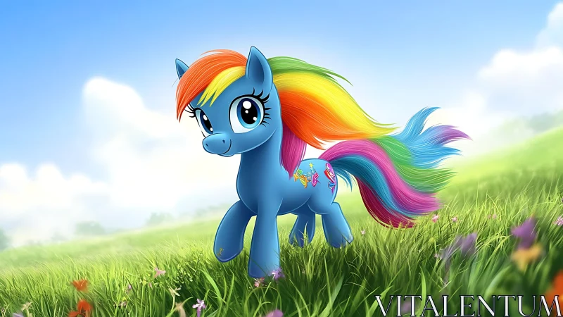 Rainbow-maned cartoon pony trots through a sunny meadow