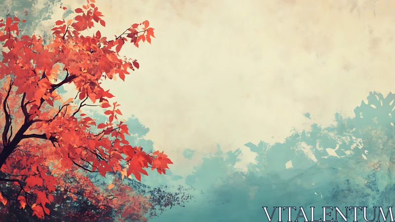 Red foliage tree extends into a textured abstract sky