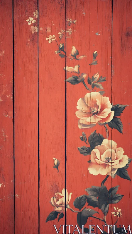 Vintage rose mural on distressed vertical red wooden planks
