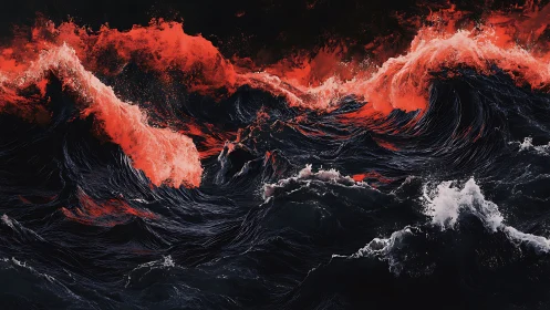 High-contrast crimson foam breaking over dark turbulent ocean