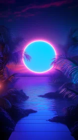 Neon-haloed cyan sun over synthwave shoreline with palm silhouettes