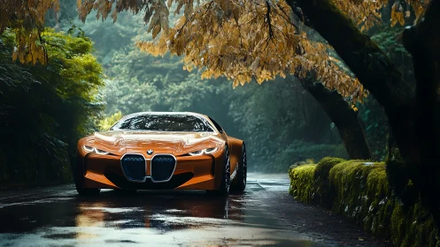 Aerodynamic orange concept coupe under wet forest canopy.