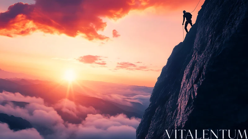 Silhouetted climber on sheer cliff at radiant sunrise.