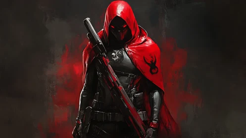 Hooded armed figure in red cloak against dark background.