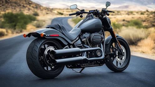Matte black cruiser motorcycle dominates empty desert highway.