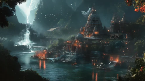 Riverside temple megastructure under volumetric mist and warm firelight