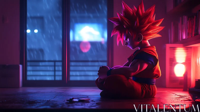 Quiet rainy-night reflection with a thoughtful anime hero.