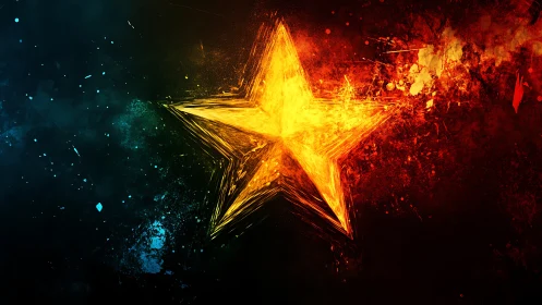 Fiery golden star ignites against dark cosmic backdrop.