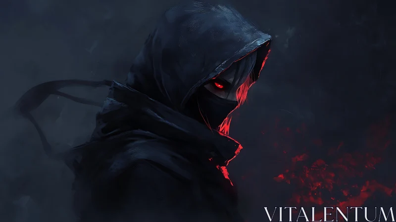 Digital painting of hooded assassin with glowing red gaze.